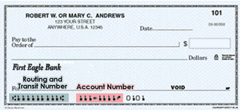 Check example showing Routing and Account Numbers